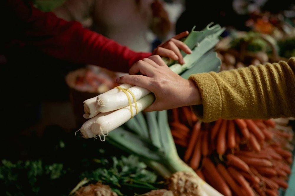 Hands selecting fresh vegetables at a farmers’ market